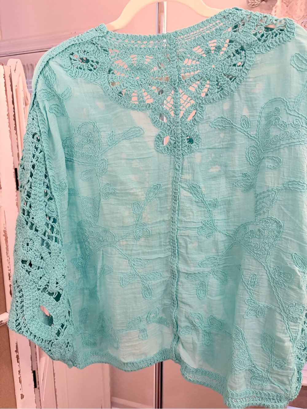 POL NWOT Turquoise Crochet Batwing Button Down Boho Top One Size - Picture 6 of 9
